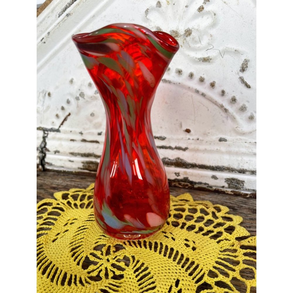 Vintage Art Glass Stretched Ruffle Vase Spattered end of day Mid Century